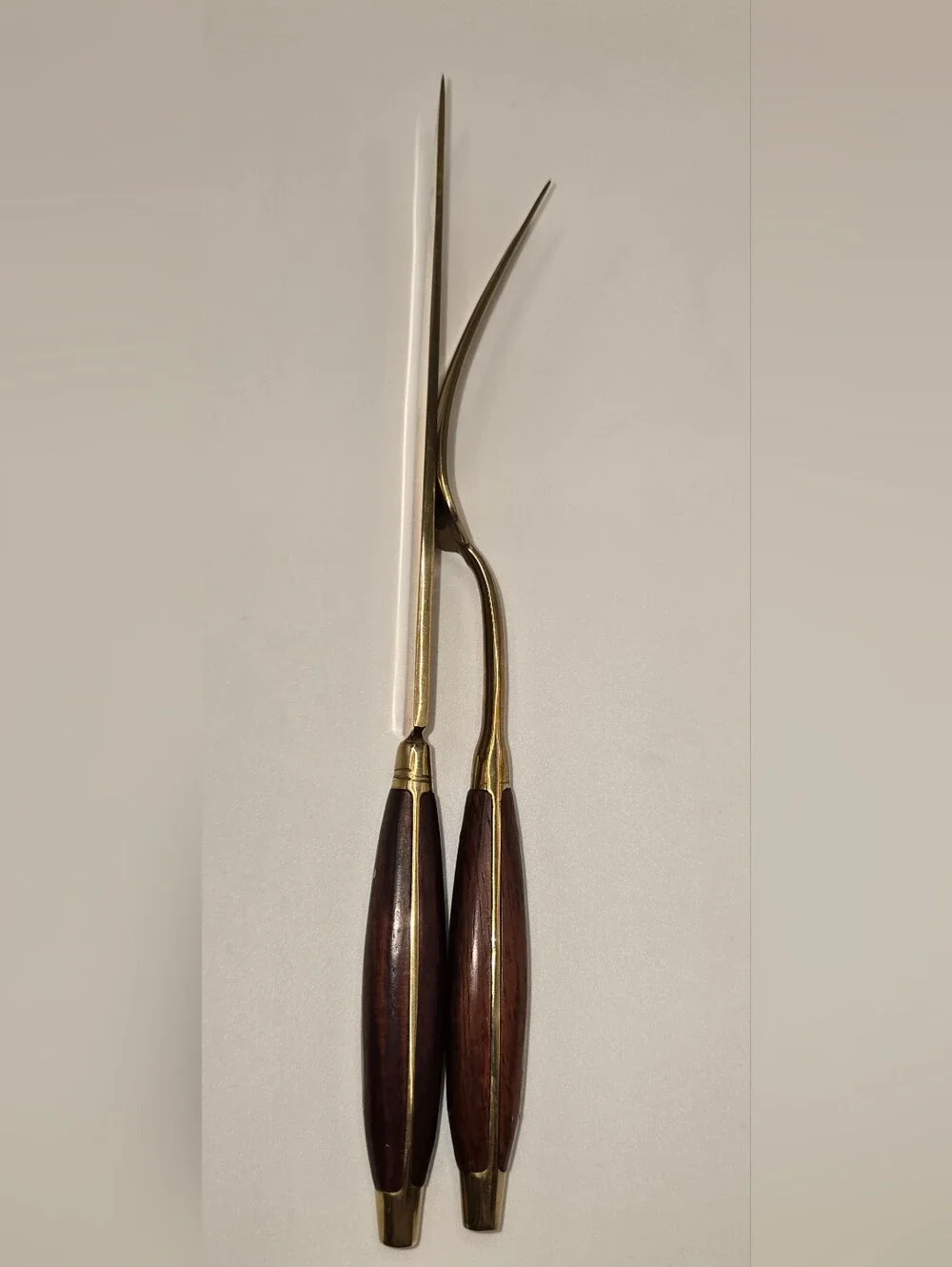 Mid-century Carving Knife & Fork Set Brass/Bronze Alloy with Teak Wood Handle